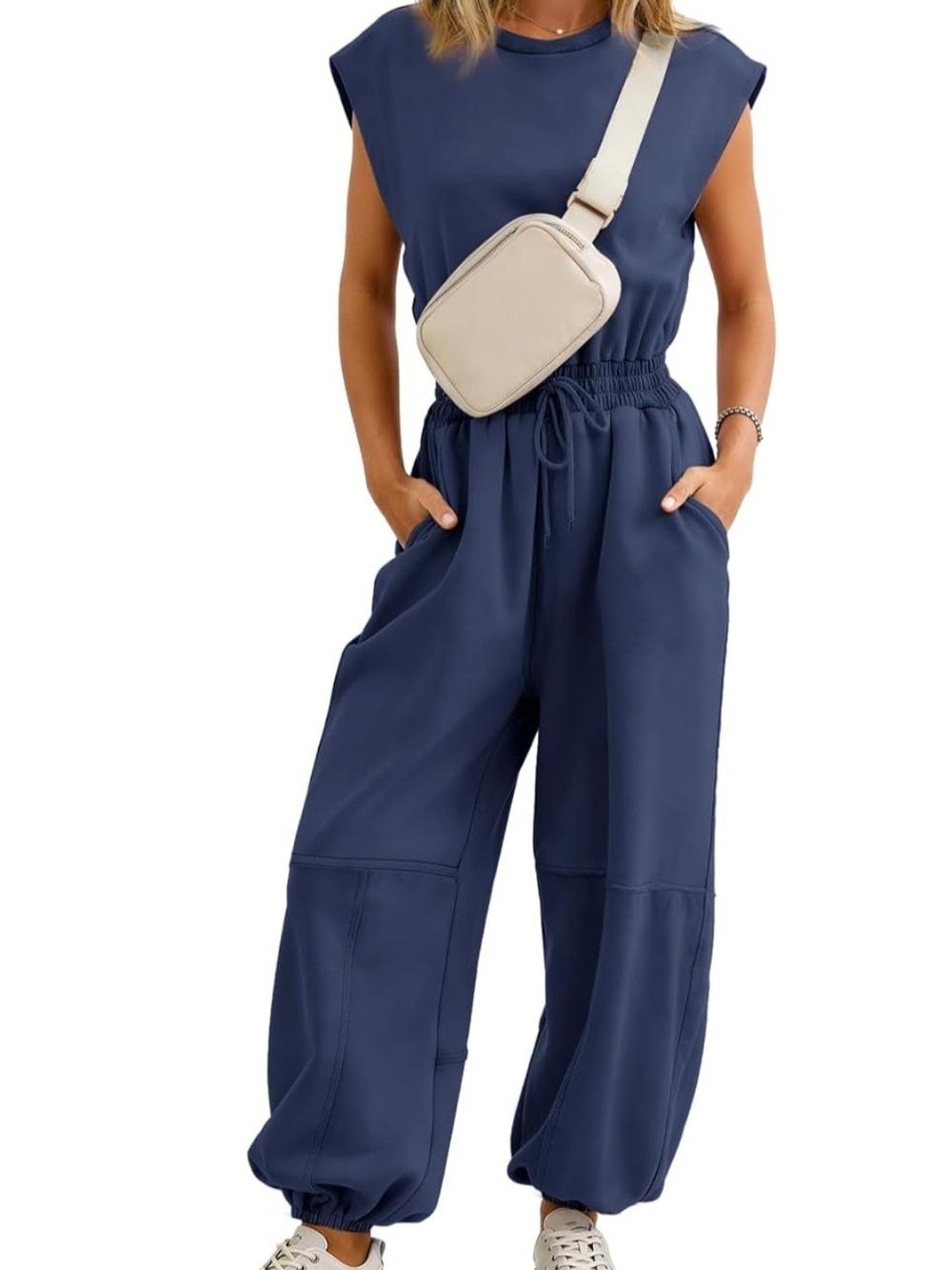 Flygo Casual Jumpsuit Crewneck Cap Sleeve Long Wide Leg Romper - Picture 4 of 14